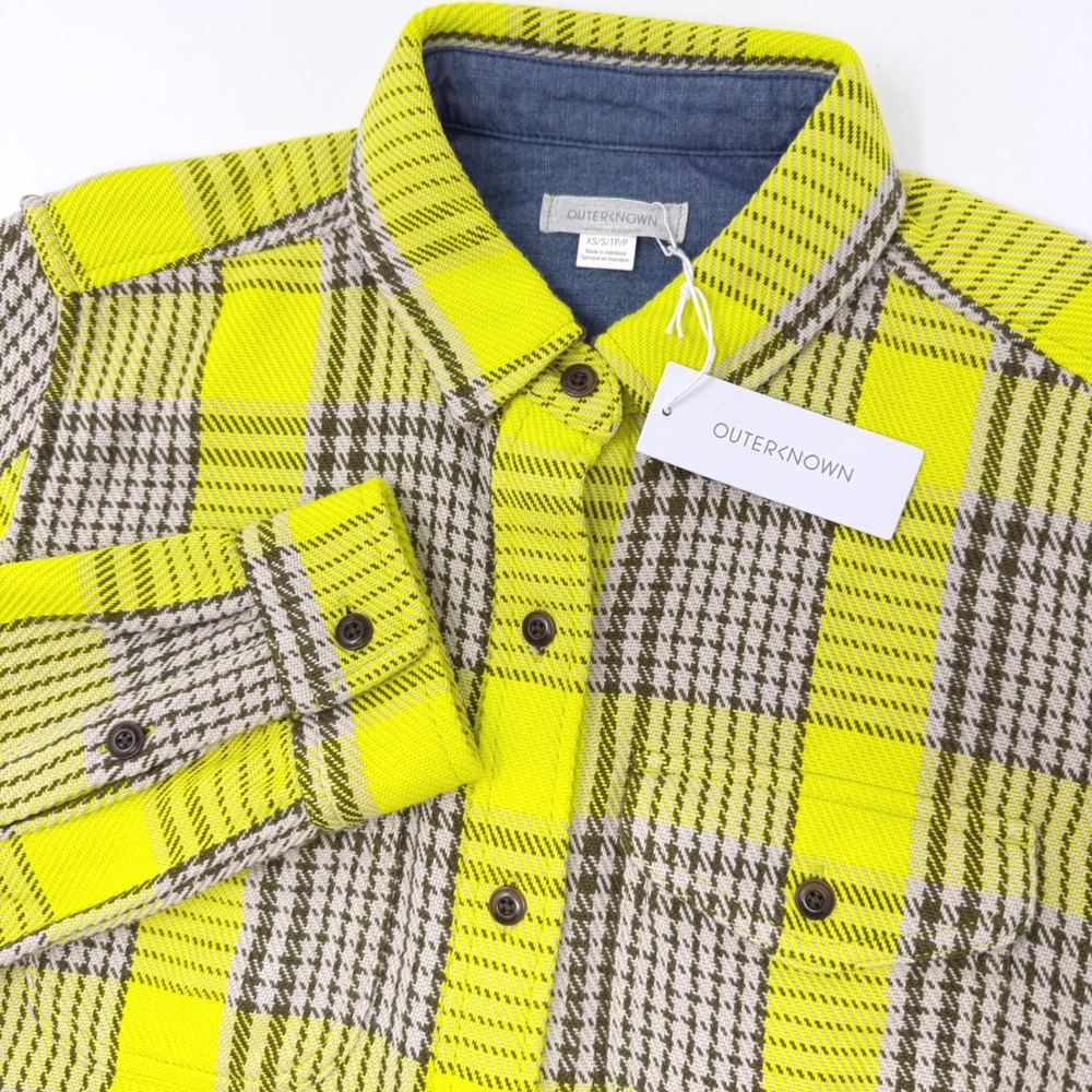 Outerknown Blanket Shirt Electric Lime Plaid Organic Cotton Womens XS/S NEW